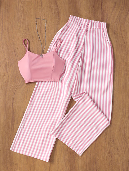 Conjunto de dos piezas para mujer – Pantalón de talle alto a rayas y top ajustado, look veraniego elegante para ocio y eventos