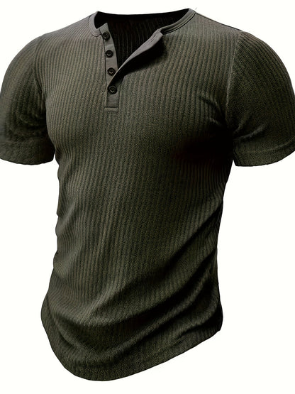 Męska koszulka Henley z krótkim rękawem, prążkowana, letni styl casual