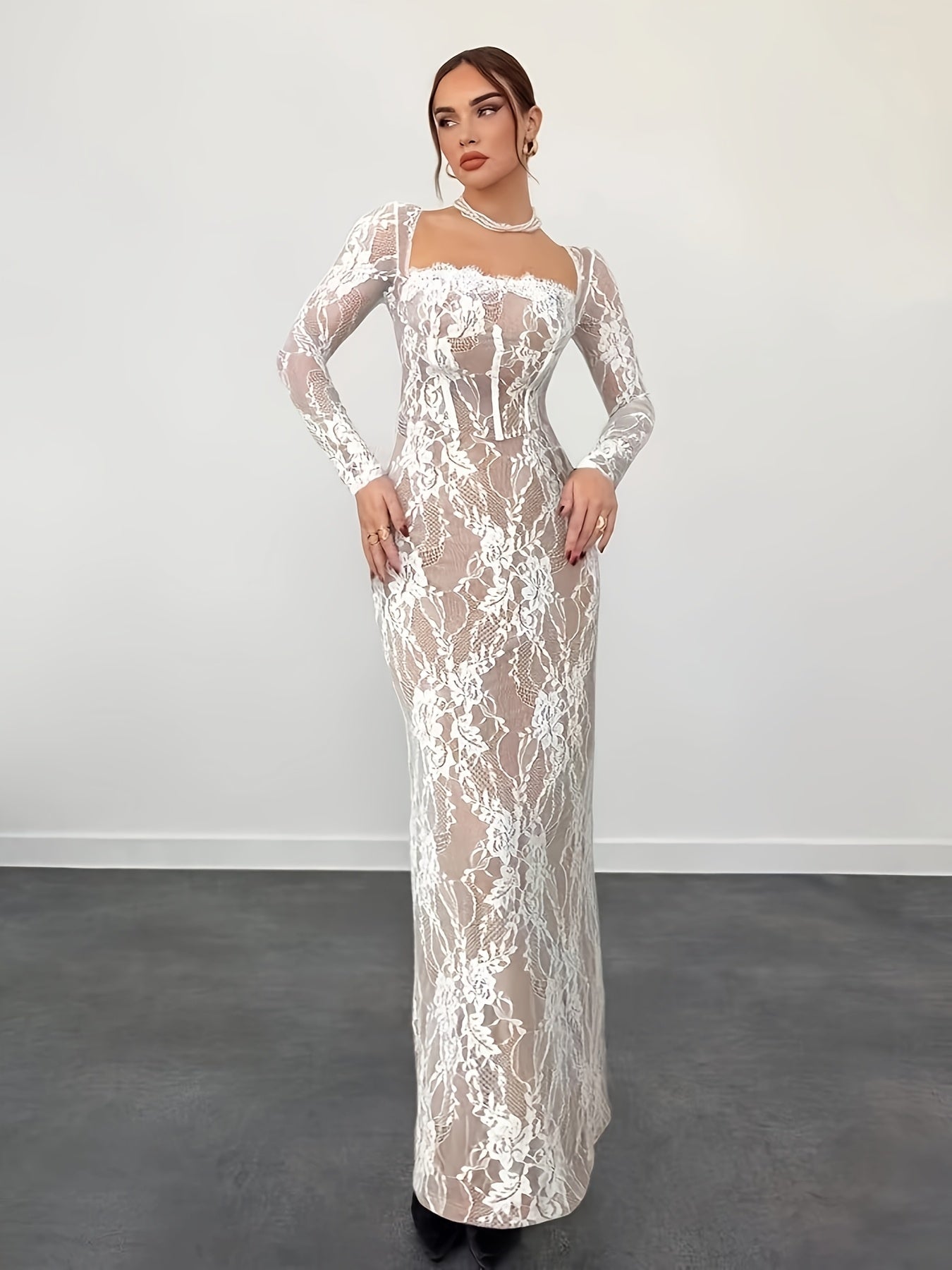 Robe de soirée élégante moulante pour femme avec dentelle et manches longues – Parfaite pour les occasions spéciales