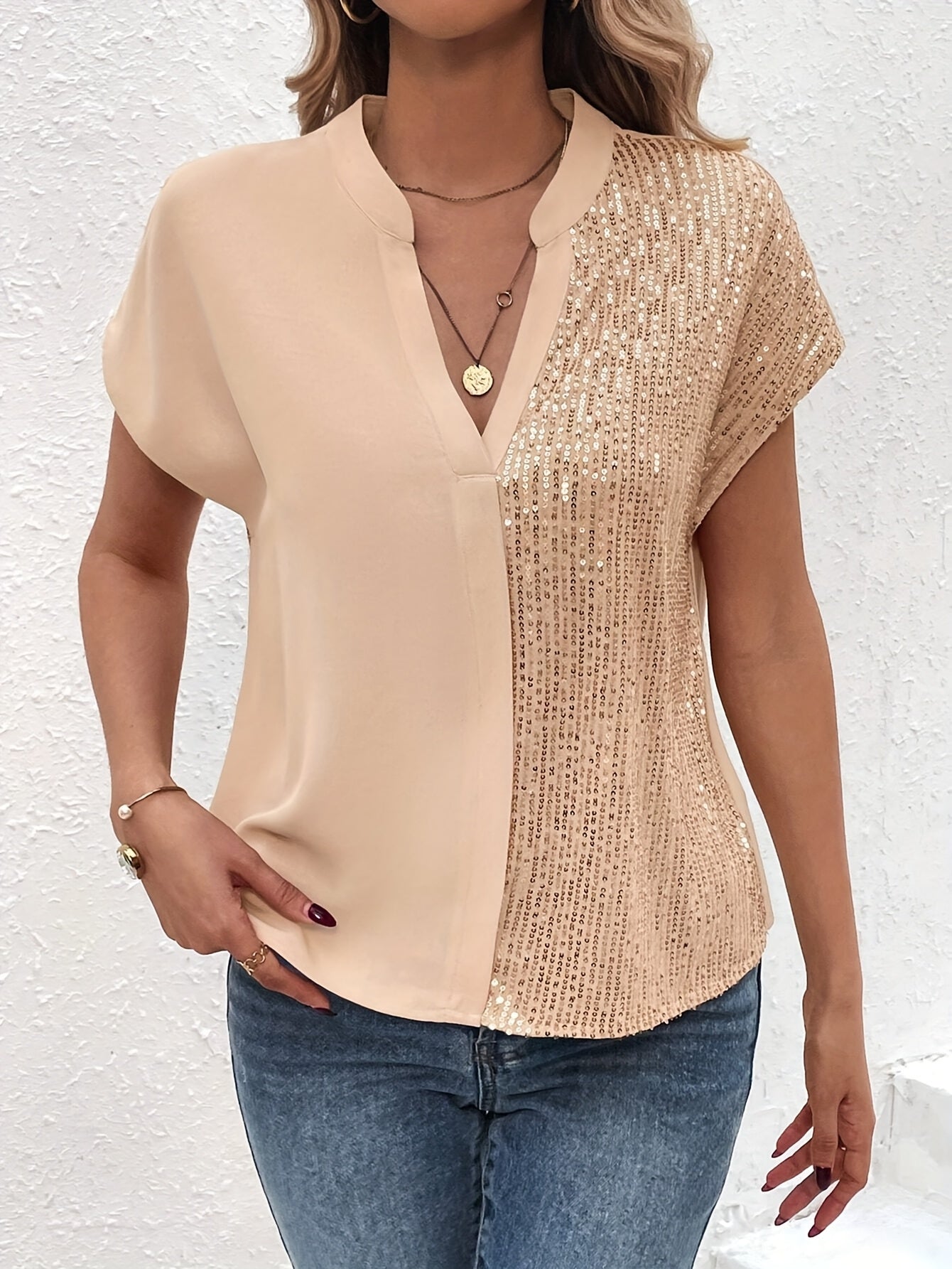 Dame Elegant Bluse med Pailletter og V-udskæring – Perfekt til Kontor og Hverdag