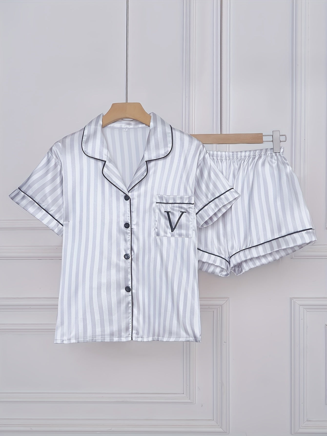 Set pigiama donna manica corta con righe e abbottonatura – Set comodo di biancheria da notte estiva