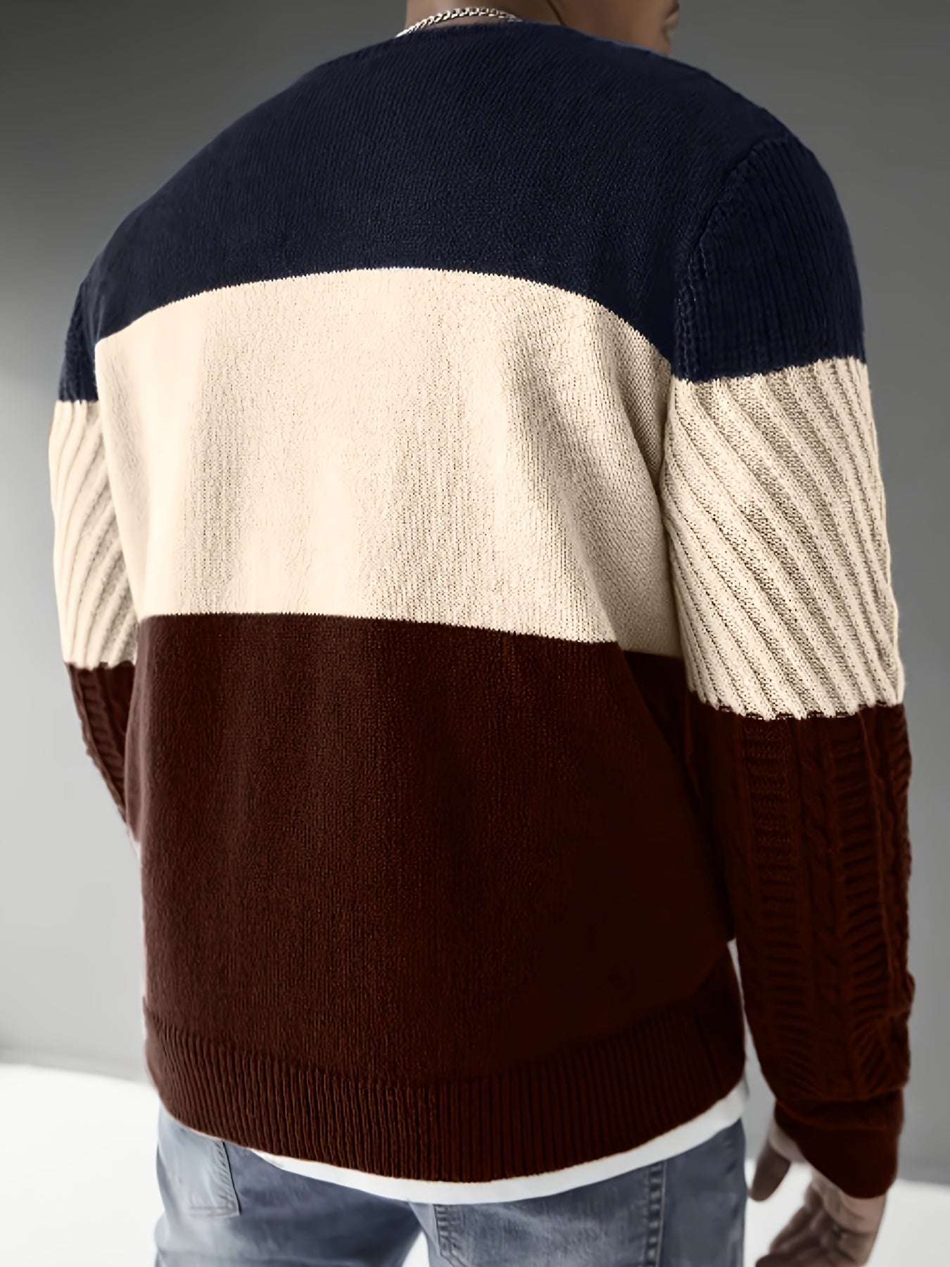 Maglione da uomo in maglia color block blu, beige e marrone, girocollo