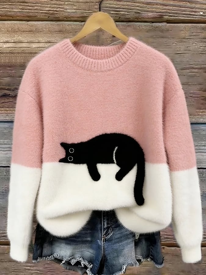 Oversized trui voor dames met colorblock-design en kattenmotief