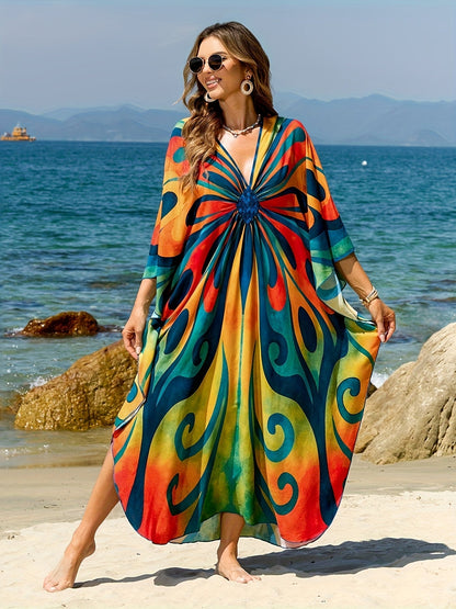 Dame Boho Maxi-kaftan til strand og ferie – Elegant batikprint, sommer cover-up