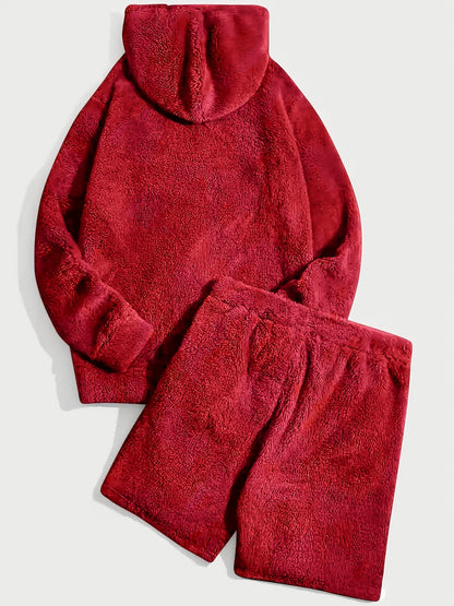 Unisex teddyfleece hoodie- en shortset met capuchon en trekkoord