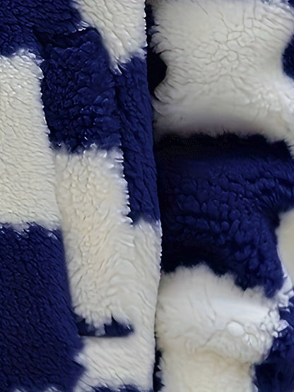 Chaqueta unisex de forro polar de peluche con cremallera y estampado de tablero de ajedrez azul y blanco