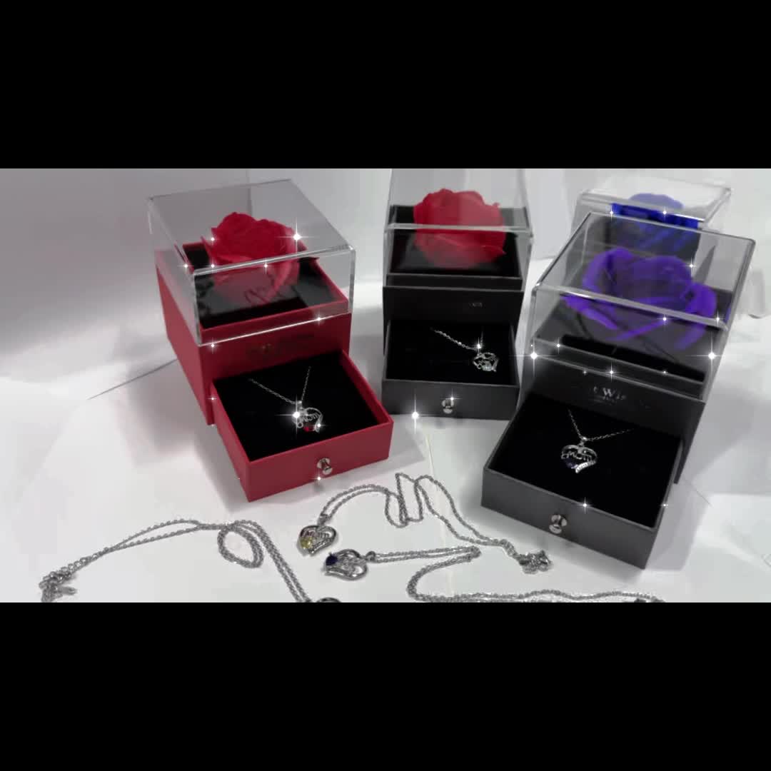 Damen Schmuckset Herz Halskette mit Anhänger 'Mom I Love You' und Geschenkbox mit Ewiger Rose – Elegantes Muttertagsgeschenk
