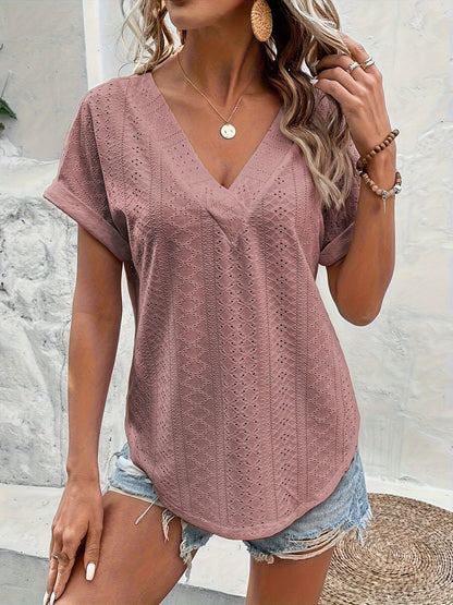 Damen Sommer Bluse mit V-Ausschnitt und Stickerei – Eleganter Freizeit-Look