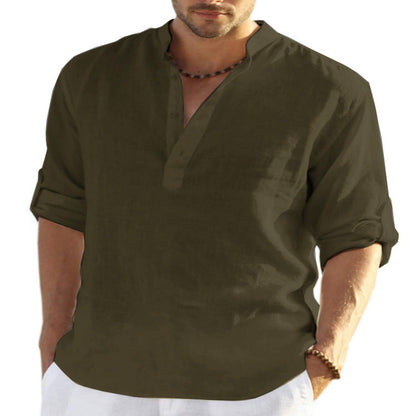 Herre Henley langærmet skjorte – Casual sommer-skjorte med ståkrave til fritid, kontor og ferie