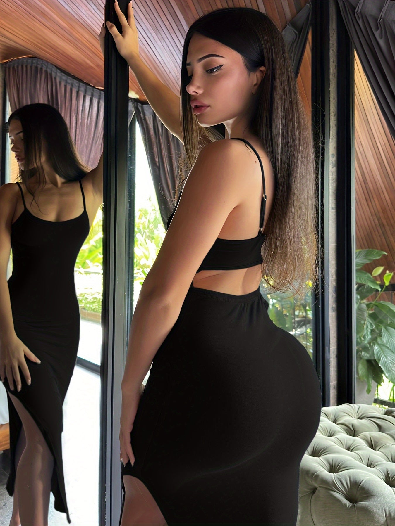 Dame Maxikjole Bodycon Elegant – Figurformet aftenkjole med spaghetti-stropper og moderne snit, ideel til fester og fester