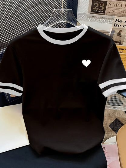 Dam T-shirt med hjärtmönster och kontrastremsor – fritidsstil för vardag och sommar