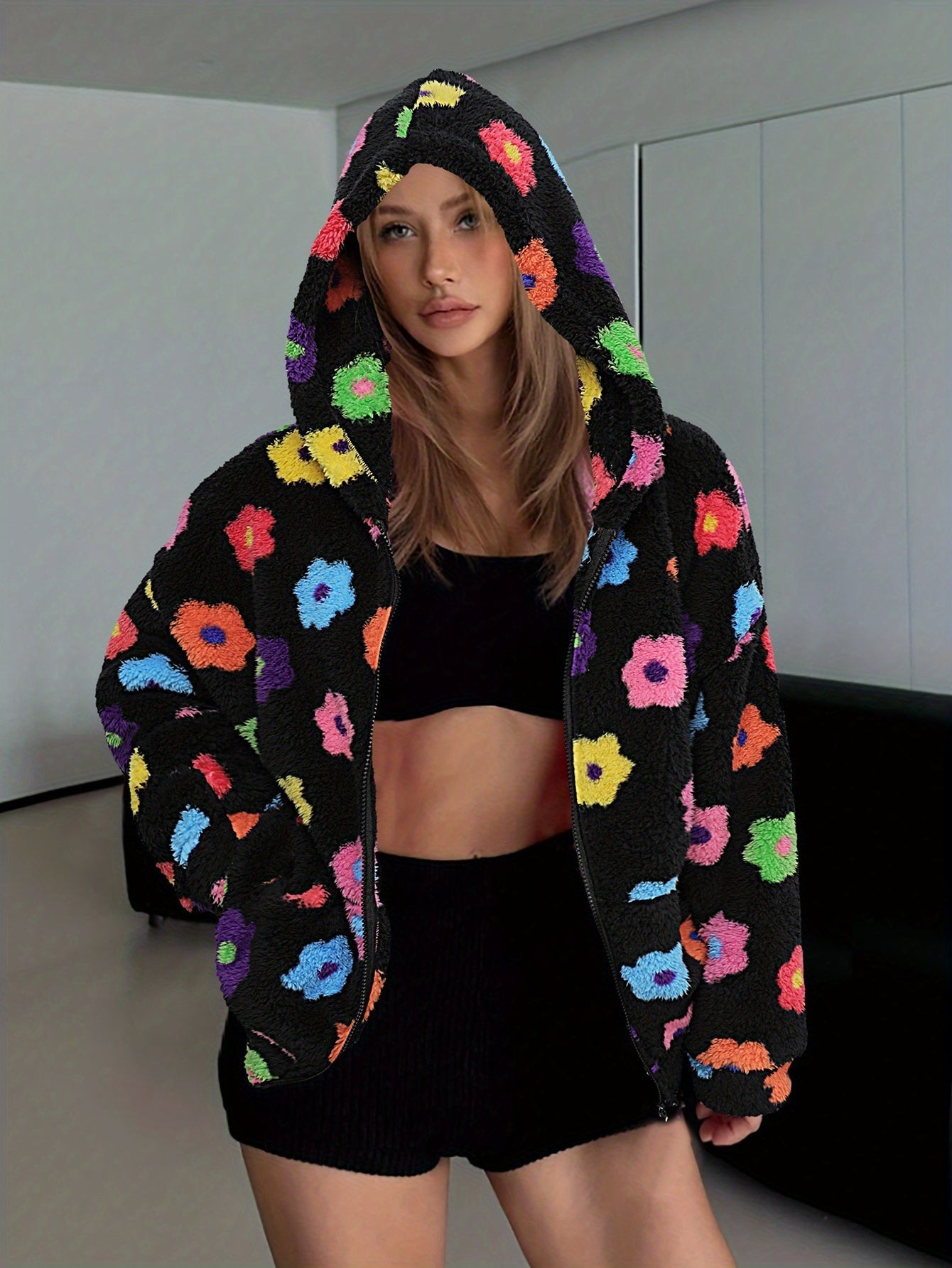 Damen Teddy-Fleece Kapuzenjacke mit bunten Blumen, Reißverschluss, Langarm