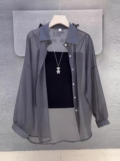 Damen Zweiteiliges Set – Transparentes Oversize-Hemd mit Bandeau Top, Modernes Layering-Outfit