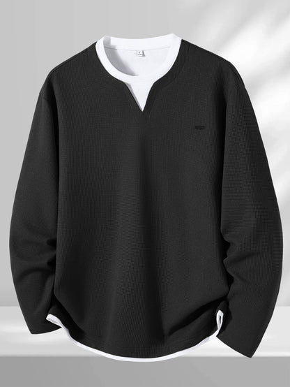 Suéter de punto de gofre para hombre, con escote en V, mangas largas y color liso