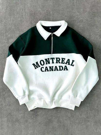 Unisex Color Block Sweatshirt mit Reißverschluss-Polo-Kragen und Montreal Canada Aufdruck