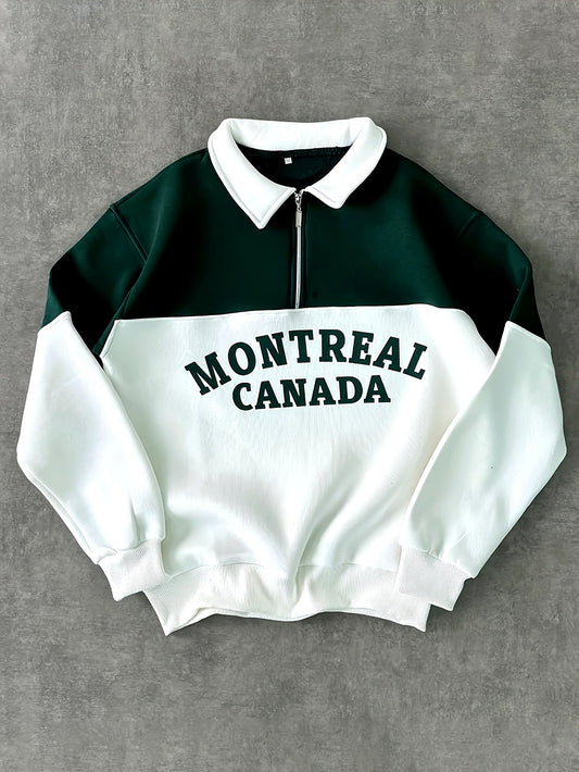 Unisex Color Block Sweatshirt mit Reißverschluss-Polo-Kragen und Montreal Canada Aufdruck