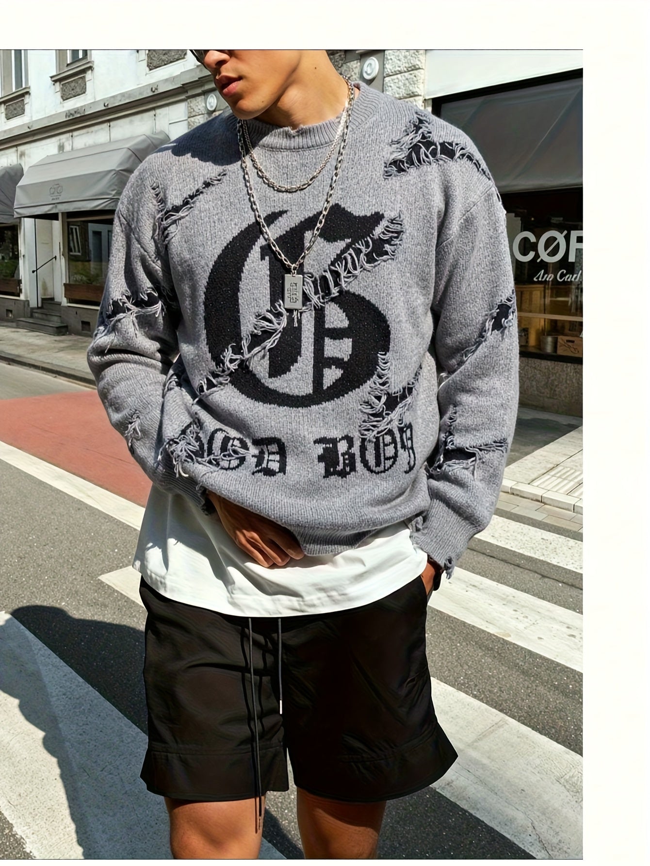 Unisex distressed-pullover med rund hals og tekstprint