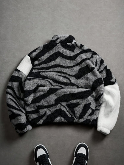 Chaqueta unisex de forro polar de peluche con estampado de cebra y cuello alto