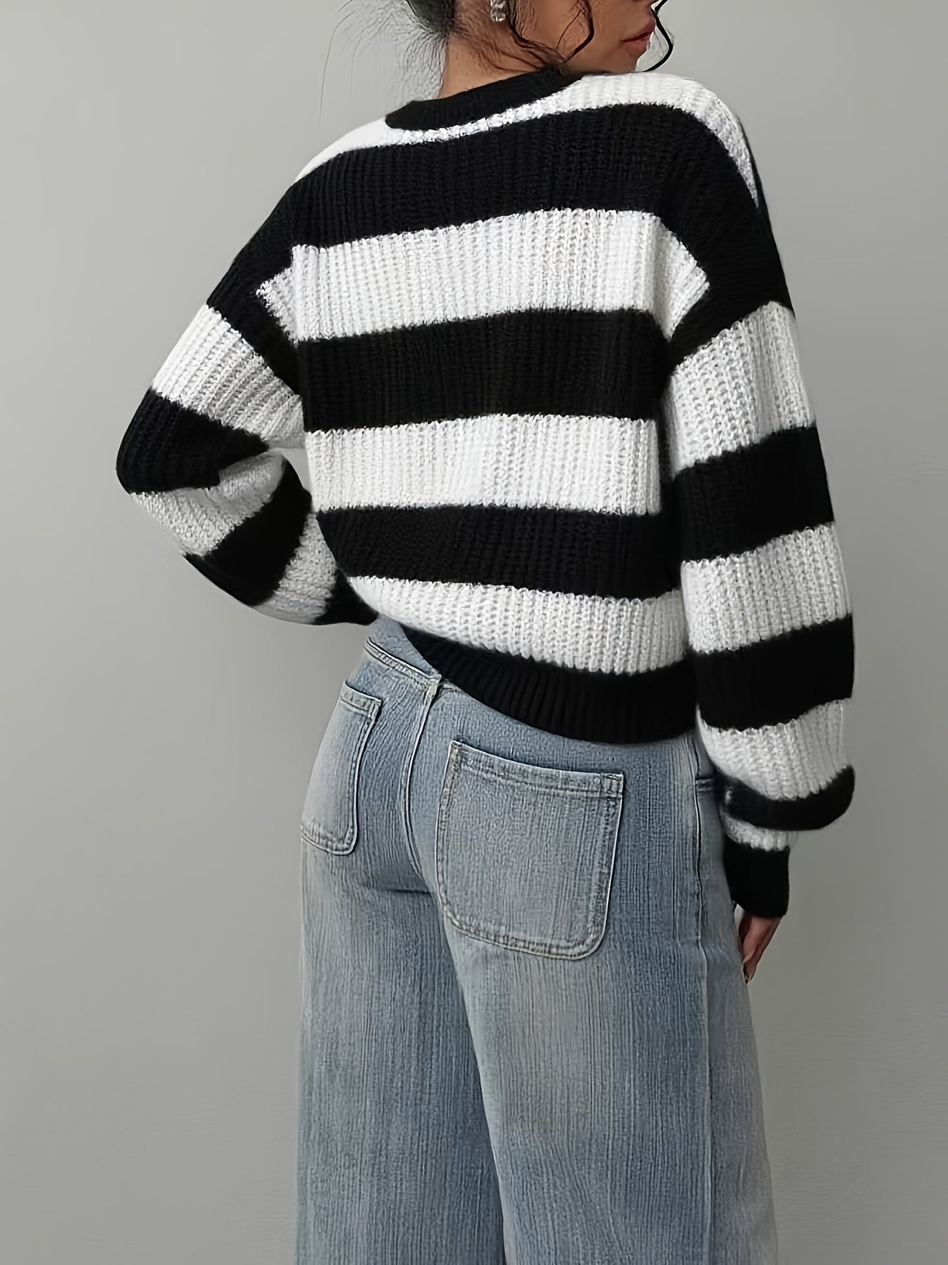 Gestreifter Pullover Damen Schwarz Weiß Langarm Rundhals Strickpullover