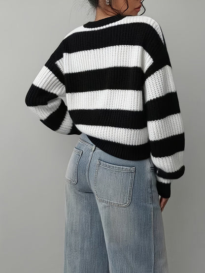 Gestreifter Pullover Damen Schwarz Weiß Langarm Rundhals Strickpullover