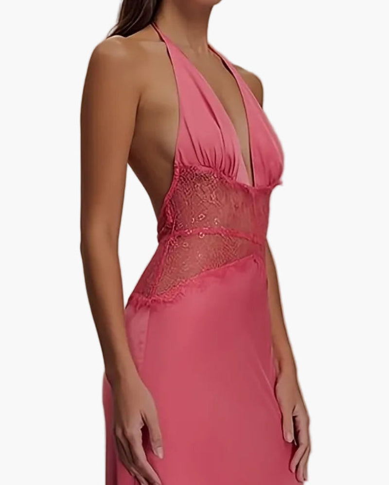 Vestido de noche elegante para mujer, corte ajustado y acampanado con encaje y escote en V profundo para ocasiones festivas