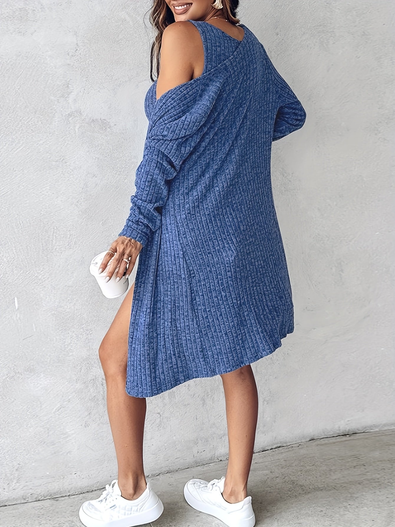 Geripptes 2-teiliges Set Damen Minikleid & Cardigan Grau