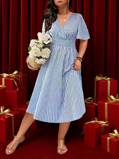 Robe midi élégante rayée pour femme avec décolleté en V et taille froncée – Parfaite pour le quotidien et les occasions spéciales