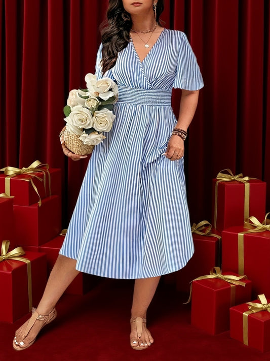 Dames Elegant Gestreepte Midijurk met V-hals en Gerimpelde Taille – Perfect voor Dagelijks Gebruik en Speciale Gelegenheden