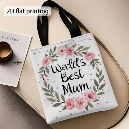 Damen Shopper Tasche – Stilvolle Tragetasche mit Blumenkranz und Aufschrift 'World's Best Mum' – Perfektes Geschenk für Mütter