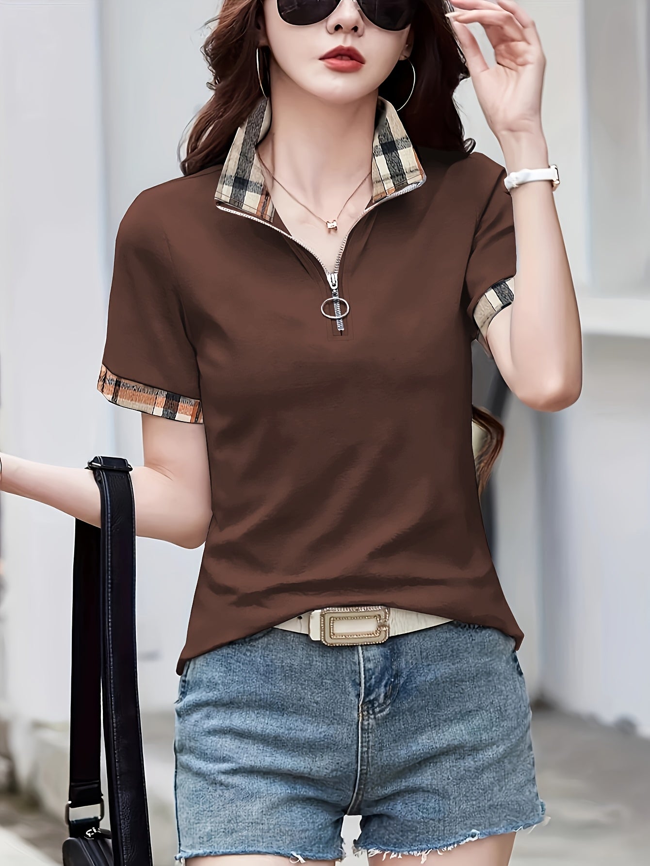 Polo casual da donna con zip e motivo a quadri – Maglia da tempo libero alla moda con collo con cerniera