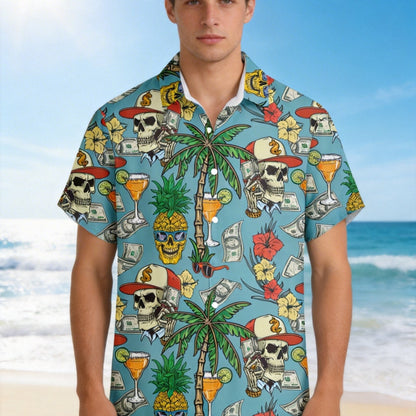 Herren Hawaiihemd mit Totenkopf, Palmen & Geld Print – Extravaganter Sommer- und Party-Look