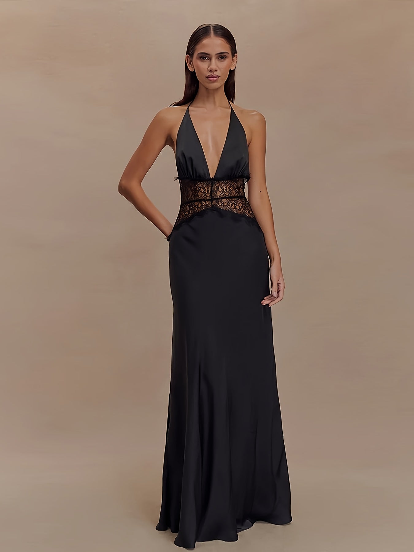 Vestido de noche elegante para mujer, corte ajustado y acampanado con encaje y escote en V profundo para ocasiones festivas