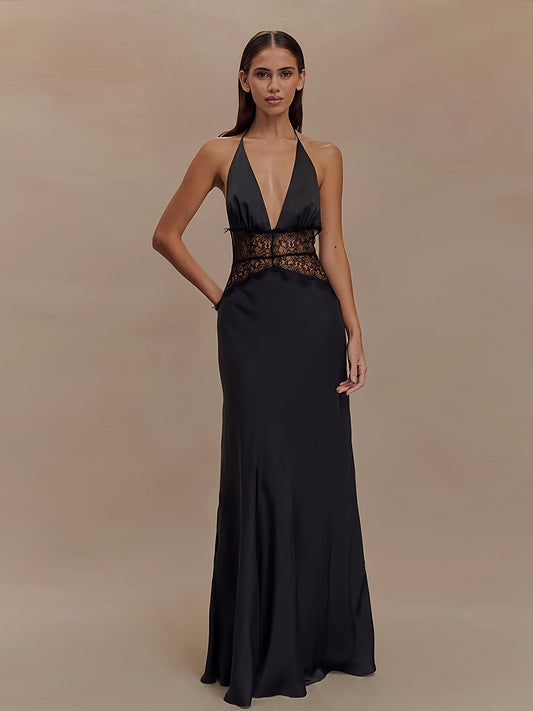 Vestido de noche elegante para mujer, corte ajustado y acampanado con encaje y escote en V profundo para ocasiones festivas