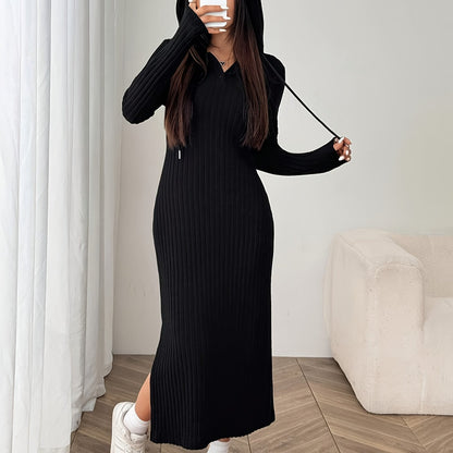 Damen Geripptes Kapuzenkleid Langarm Schwarz