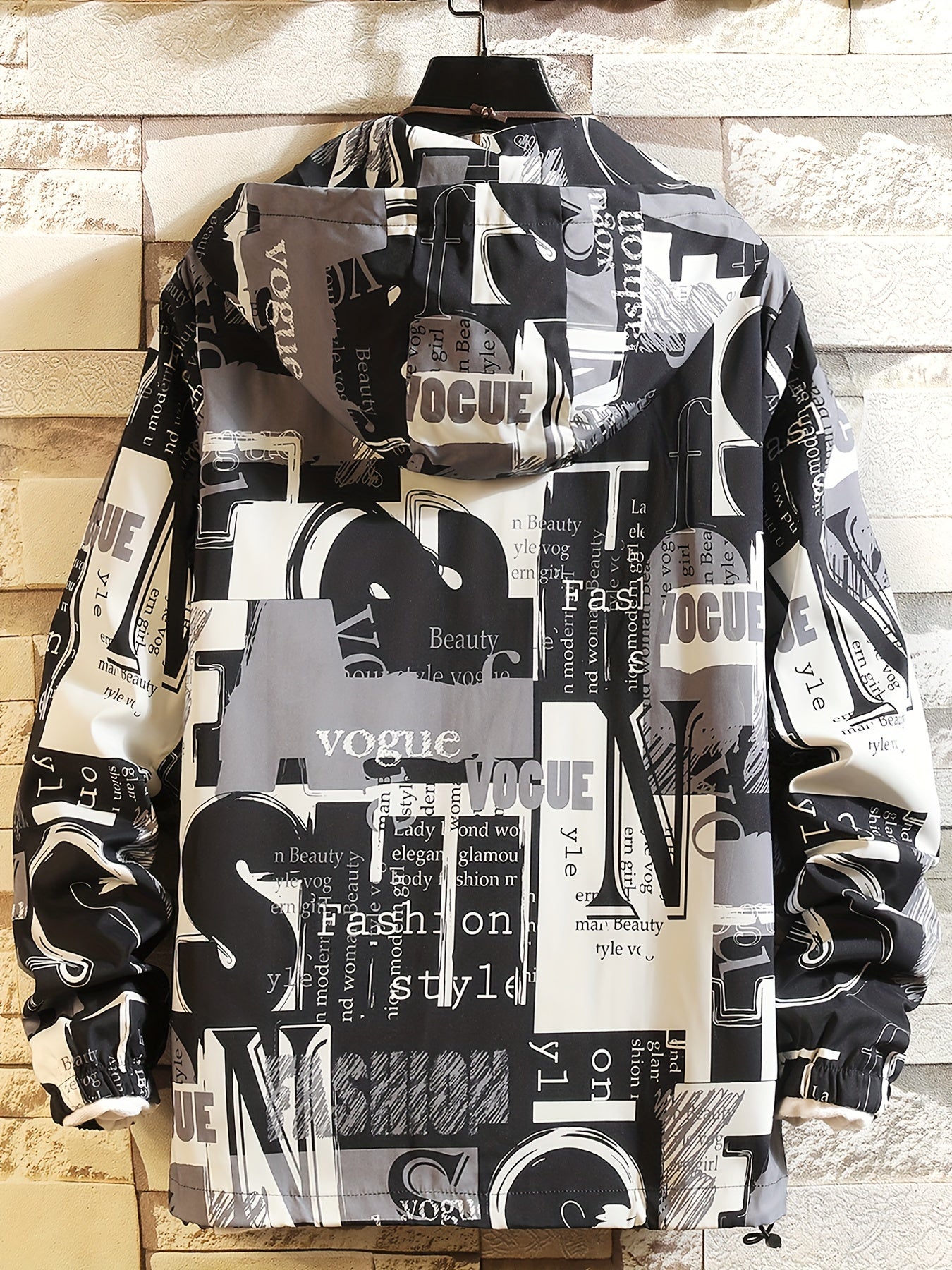 Giacca con cappuccio unisex con stampa testuale, giacca a vento casual con cerniera, rosso nero bianco