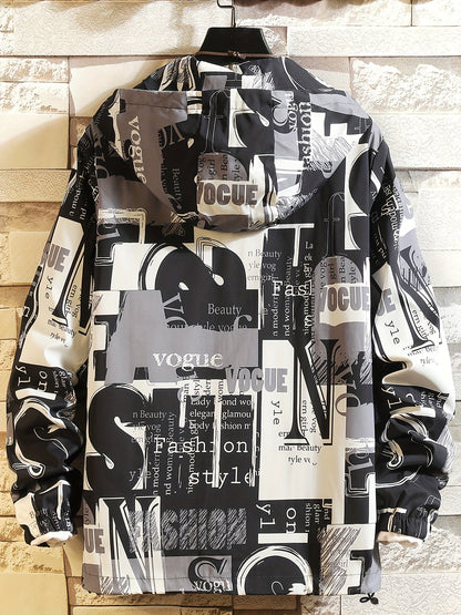 Giacca con cappuccio unisex con stampa testuale, giacca a vento casual con cerniera, rosso nero bianco