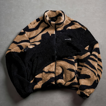 Chaqueta unisex de forro polar de peluche con estampado de cebra y cuello alto