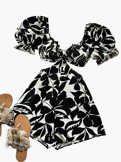 Mono de verano para mujer con mangas abullonadas y estampado tropical – Perfecto para la playa y las vacaciones