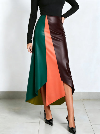 Gonna da donna color block con orlo asimmetrico in materiale similpelle