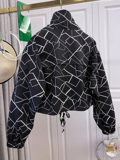 Damen Kurzjacke mit Reißverschluss und tropischem Blättermuster