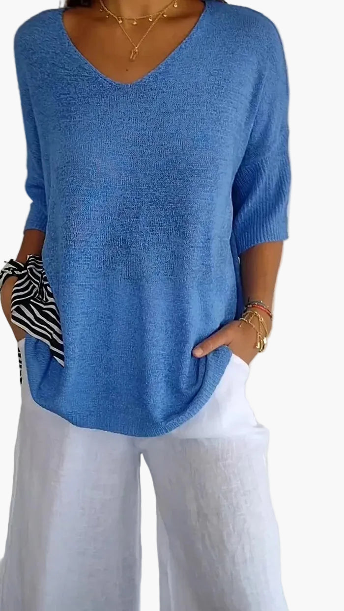 Top en maille femme avec décolleté en V – T-shirt décontracté ample pour le quotidien et les vacances