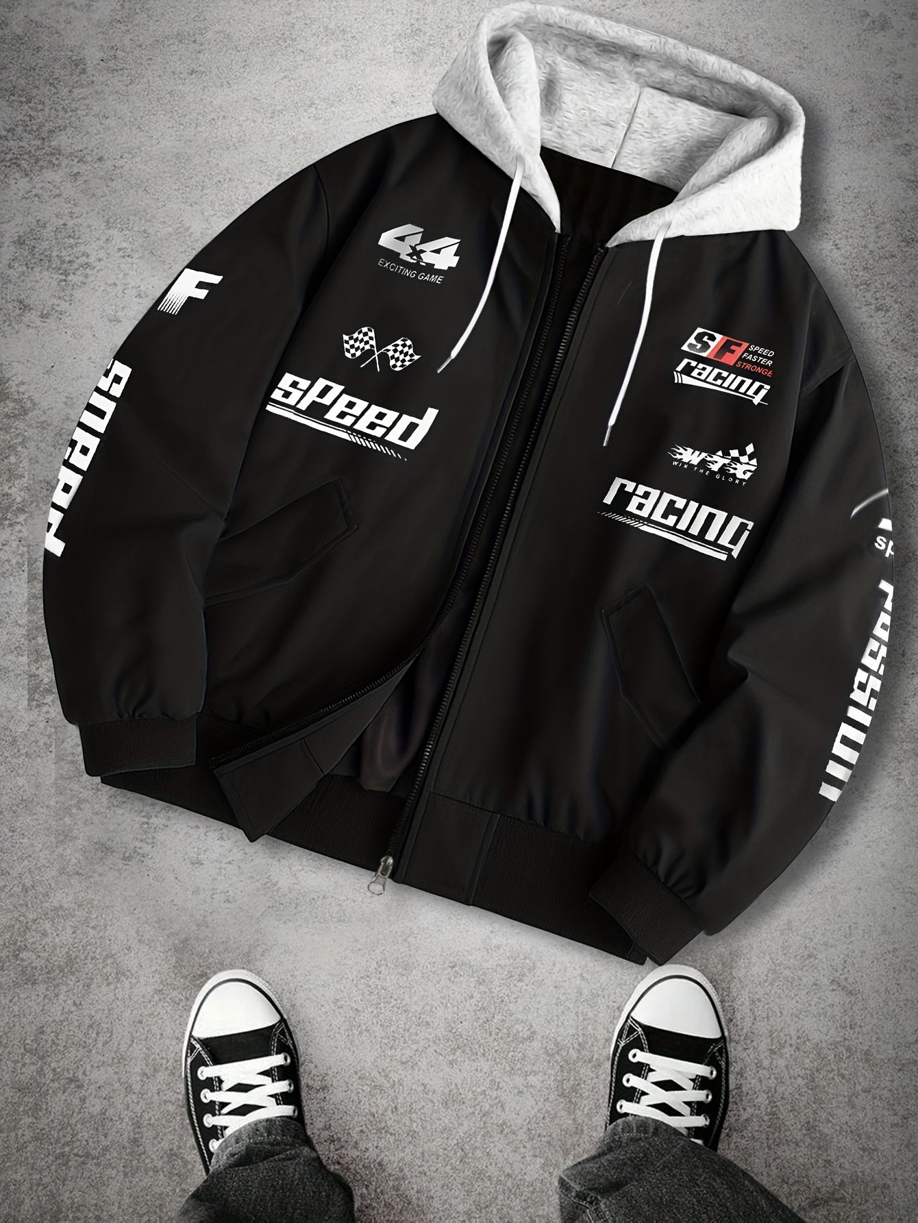 Herren Bomberjacke mit Kapuze Racing Aufdruck Sportlich Freizeit