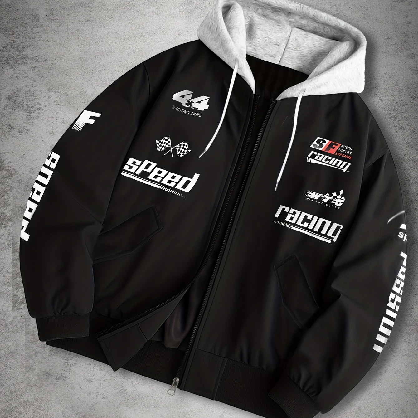 Herren Bomberjacke mit Kapuze Racing Aufdruck Sportlich Freizeit