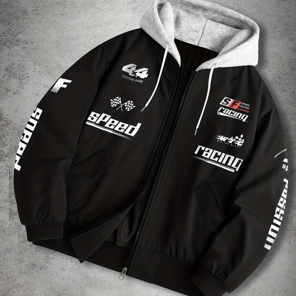 Herren Bomberjacke mit Kapuze Racing Aufdruck Sportlich Freizeit