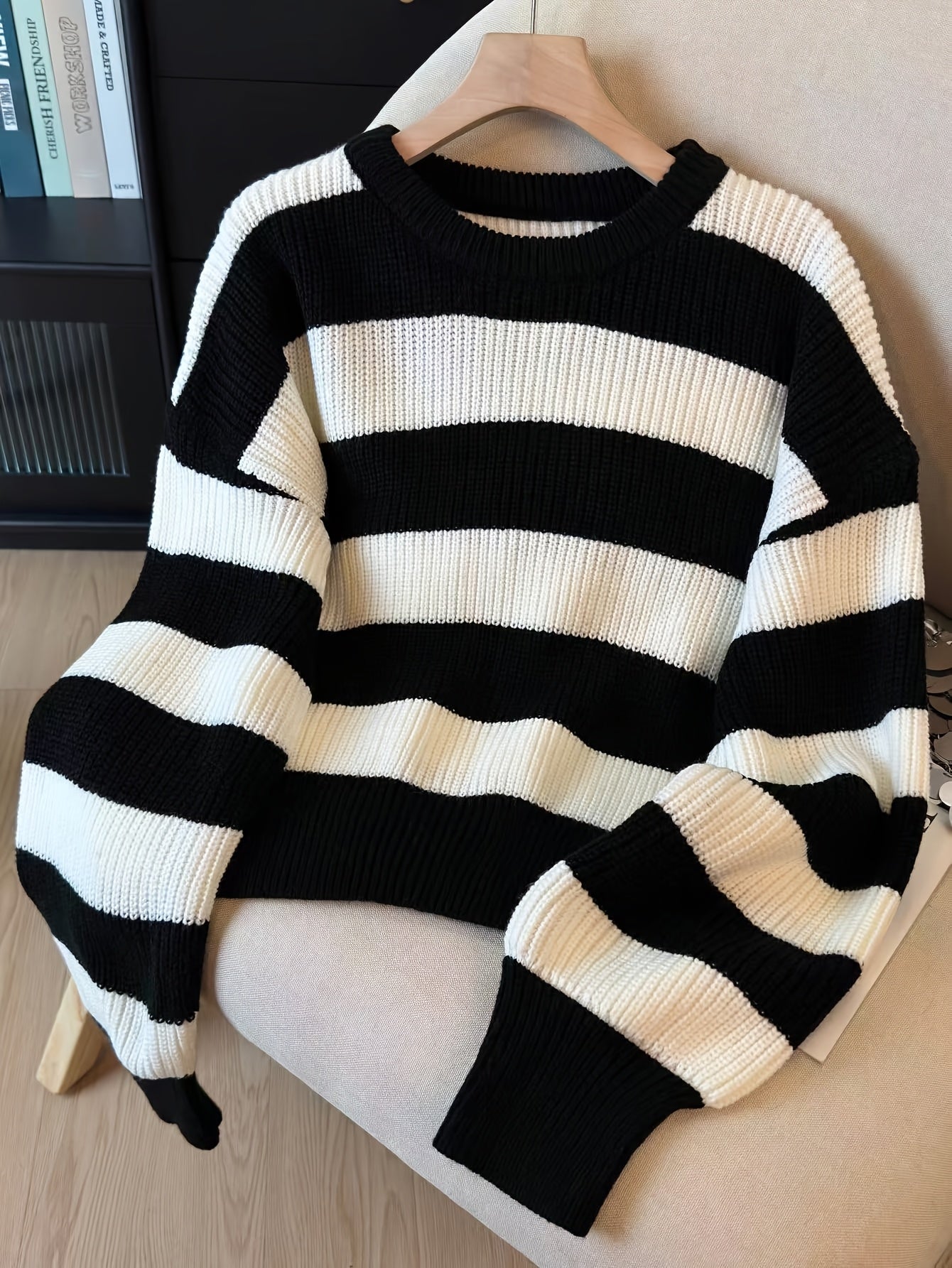 Gestreifter Pullover Damen Schwarz Weiß Langarm Rundhals Strickpullover