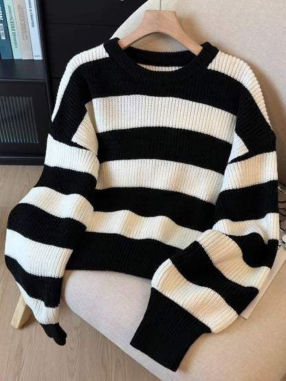 Gestreifter Pullover Damen Schwarz Weiß Langarm Rundhals Strickpullover