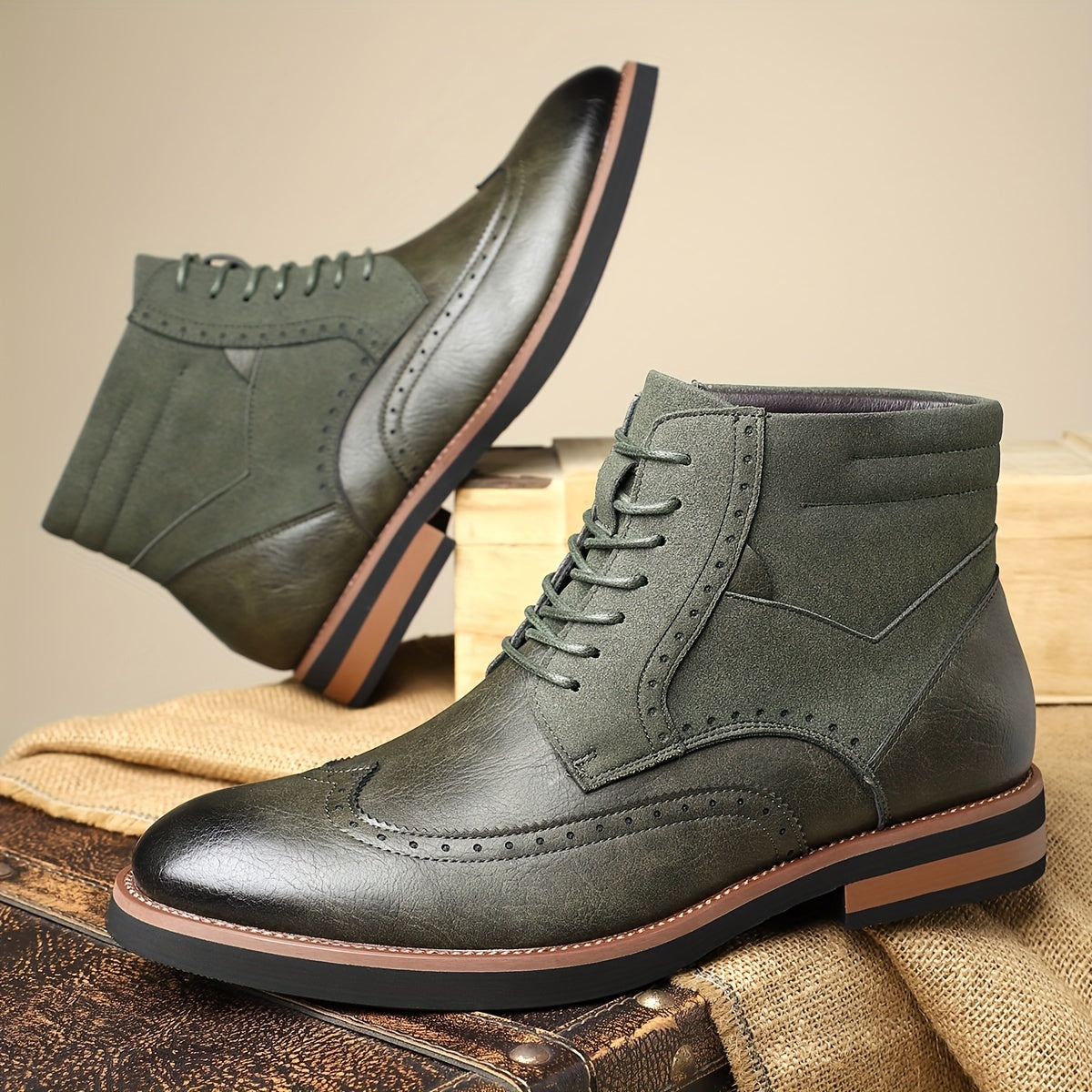 Herren Brogue Stiefel Schnürstiefeletten in Braun mit Kontrastmaterial