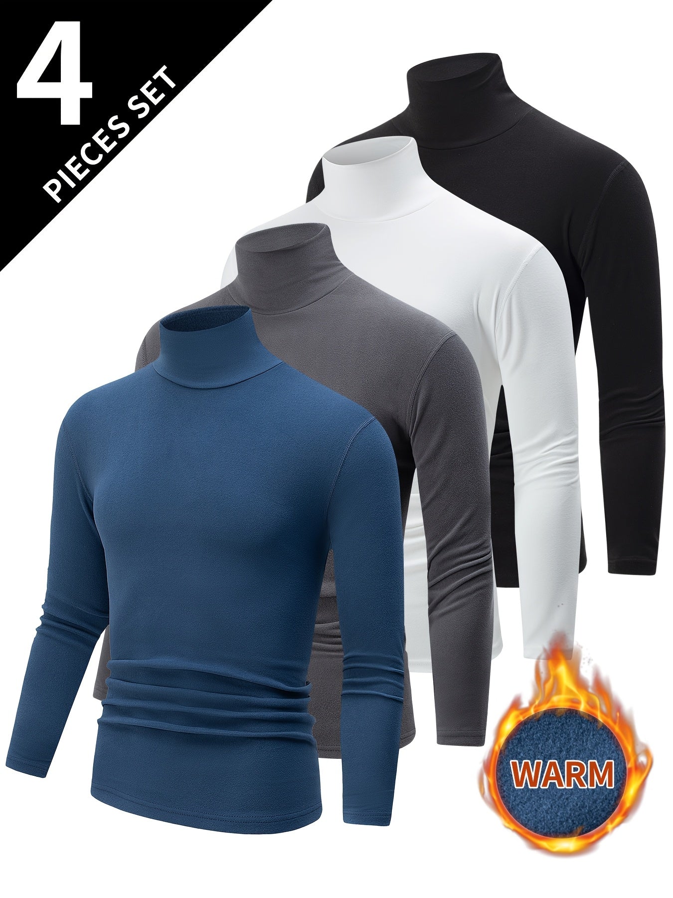 Rollkragen Langarmshirt 4er Set – Schwarz, Weiß, Grau, Hellblau