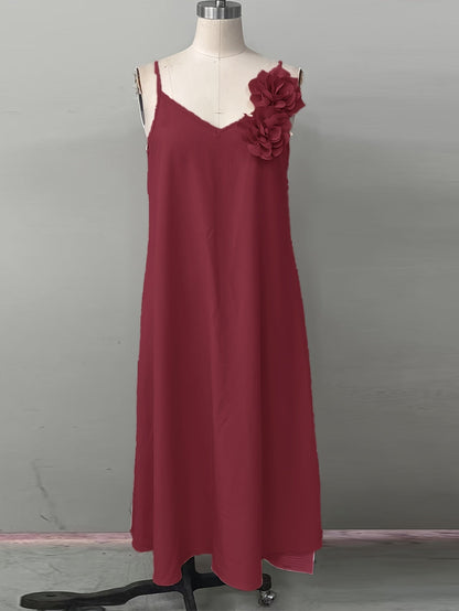 Damen Elegantes Maxikleid mit Blumenapplikation und V-Ausschnitt – Perfekt für Sommerfeste & Gartenpartys