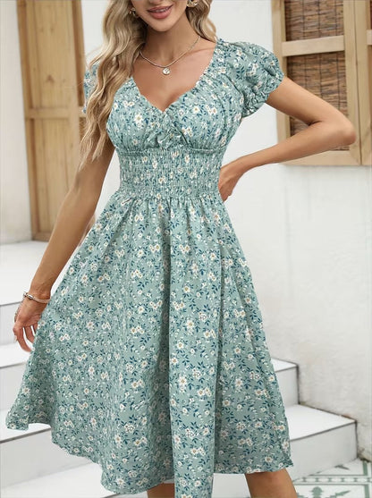 Damen Sommerkleid Elegant mit Blumenmuster und Kurzarm – Perfekt für Alltag & Urlaub